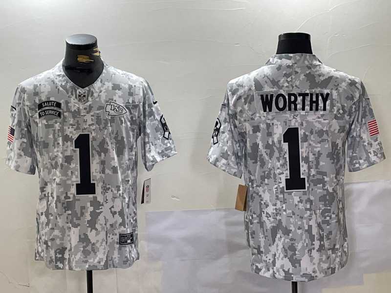 Mens Kansas City Chiefs #1 Xavier Worthy Arctic Camo 2024 FUSE Salute to Service Limited Stitched Jersey Dzhi